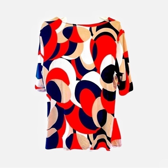 DANA Buchman Short Sleeve Tan Orange Brown Abstract Multi Print Ruche Top XL - Picture 3 of 6